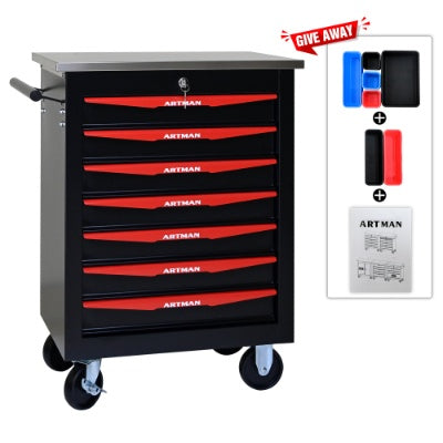 7 Drawers Multifunctional Tool Cart With Wheels,Metal Rolling Tool Cart Storage For Garage Workshop Warehouse Repair Shop--With Stainless Steel Roof- BLACK RED