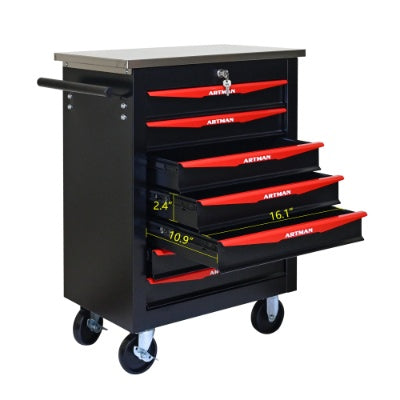 7 Drawers Multifunctional Tool Cart With Wheels,Metal Rolling Tool Cart Storage For Garage Workshop Warehouse Repair Shop--With Stainless Steel Roof- BLACK RED