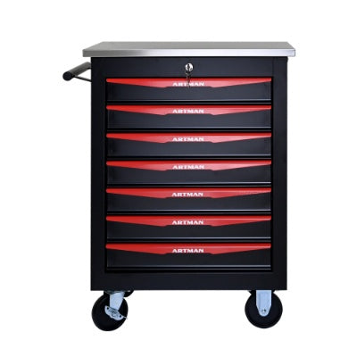 7 Drawers Multifunctional Tool Cart With Wheels,Metal Rolling Tool Cart Storage For Garage Workshop Warehouse Repair Shop--With Stainless Steel Roof- BLACK RED