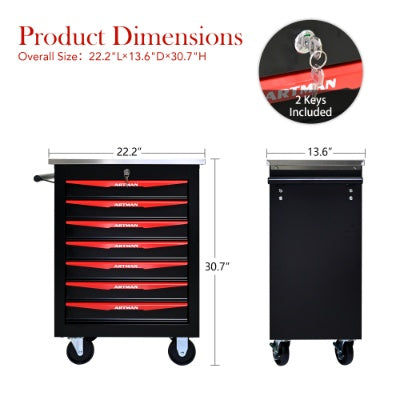 7 Drawers Multifunctional Tool Cart With Wheels,Metal Rolling Tool Cart Storage For Garage Workshop Warehouse Repair Shop--With Stainless Steel Roof- BLACK RED