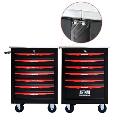 7 Drawers Multifunctional Tool Cart With Wheels,Metal Rolling Tool Cart Storage For Garage Workshop Warehouse Repair Shop--With Stainless Steel Roof- BLACK RED