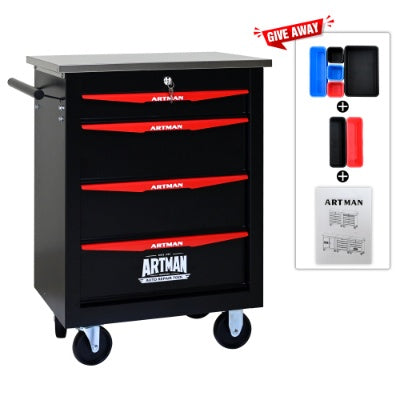 4 Drawers Multifunctional Tool Cart With Wheels,Metal Rolling Tool Cart Storage For Garage Workshop Warehouse Repair Shop--With Stainless Steel Roof- BLACK RED