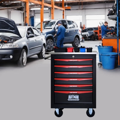 6 Drawers Multifunctional Tool Cart With Wheels,Metal Rolling Tool Cart Storage For Garage Workshop Warehouse Repair Shop--With Stainless Steel Roof- BLACK RED