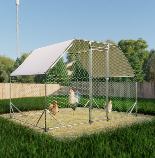 9.94 Ft. X 6.46 Ft. X 6.36 Ft. Metal Large Chicken Coop Walk-in Poultry Cage Run Flat Shaped With Waterproof Cover