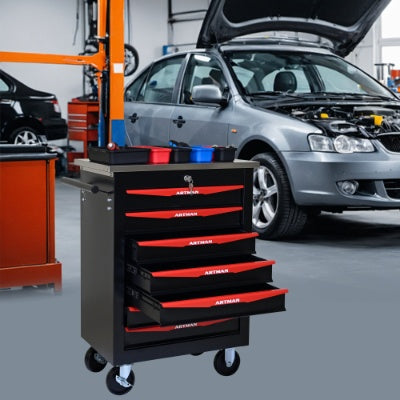 7 Drawers Multifunctional Tool Cart With Wheels,Metal Rolling Tool Cart Storage For Garage Workshop Warehouse Repair Shop--With Stainless Steel Roof- BLACK RED