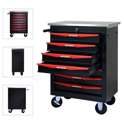 7 Drawers Multifunctional Tool Cart With Wheels,Metal Rolling Tool Cart Storage For Garage Workshop Warehouse Repair Shop--With Stainless Steel Roof- BLACK RED